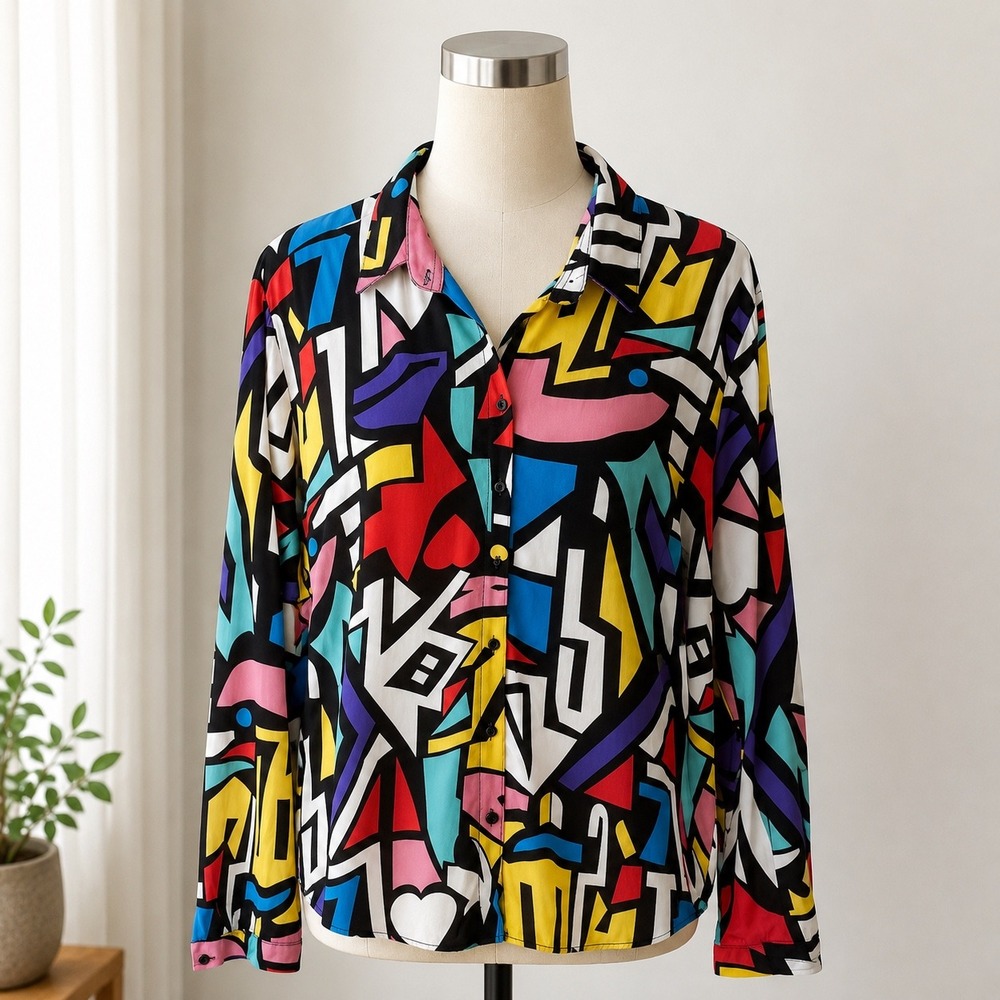Big Dart Vtge Button Down Shirt Womens 2X Multicolor Pop Art Abstract Geometric